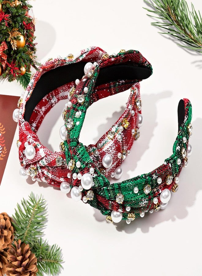 Koeilay 2 Pcs Christmas Headbands for Women Pearl Rhinestone Knot Headband Xmas Crystal Jeweled Hair Band Bow Wide Top Knotted Headband Christmas Hair Accessories Holiday Party Outfits(Snowflake Plaid) - Image 3